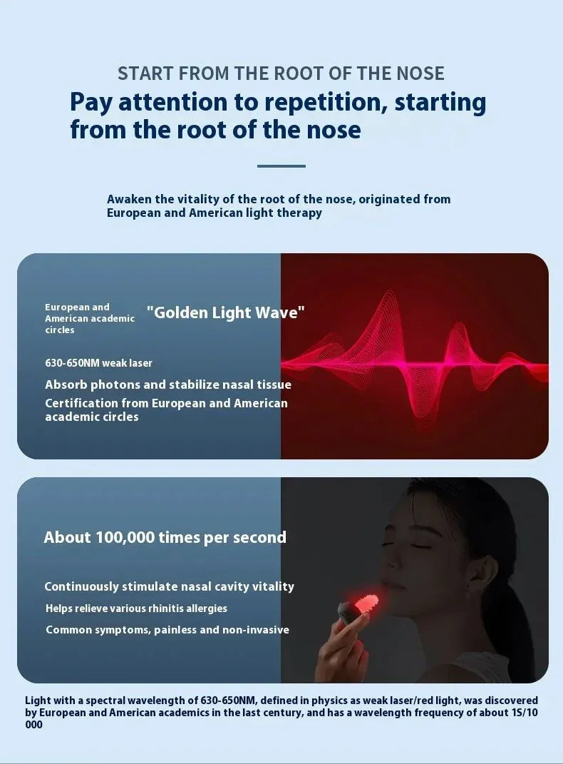 Infographic showing a red light wave and woman using an infrared nasal relief device for rhinitis allergies