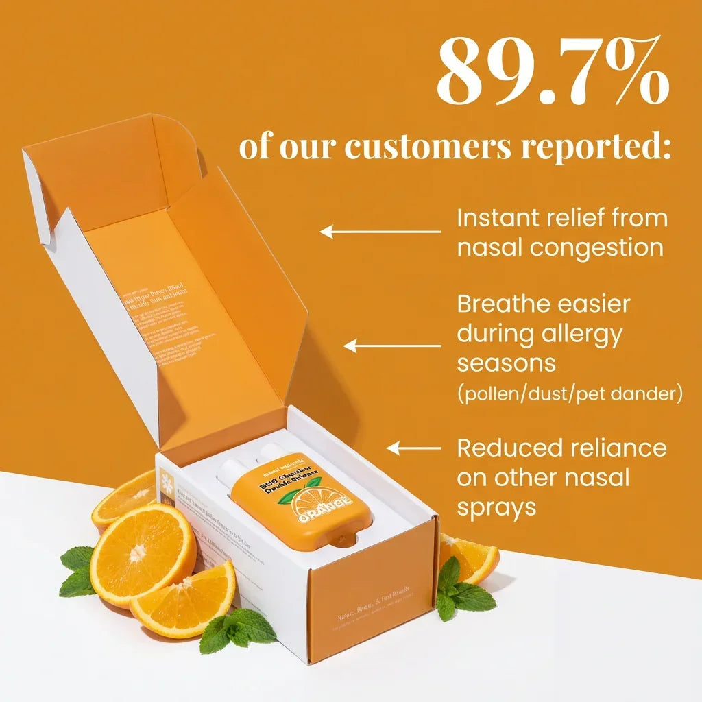 Nasal spray box with orange scent and citrus fruits, customer benefits for congestion relief