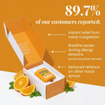 Nasal spray box with orange scent and citrus fruits, customer benefits for congestion relief