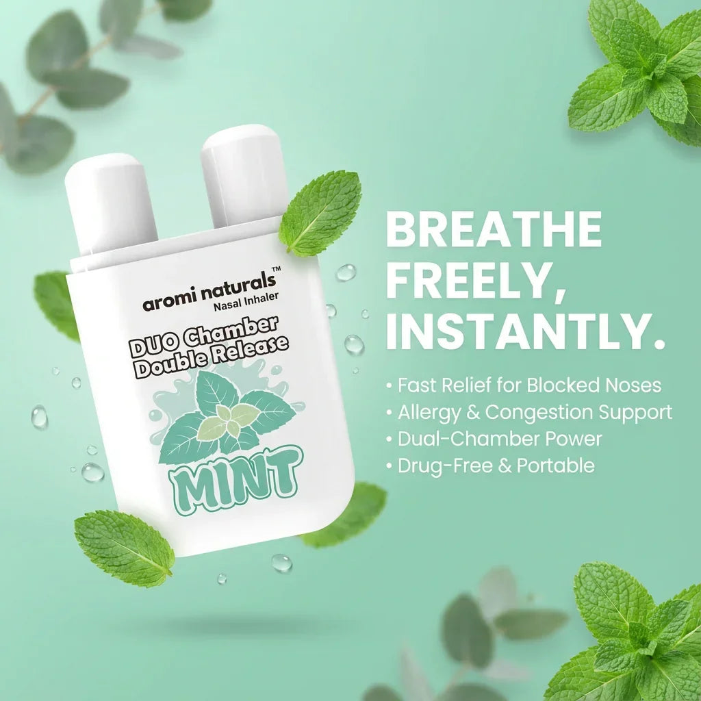 Aromi Naturals Mint nasal inhaler with dual chamber design and mint leaves on green background