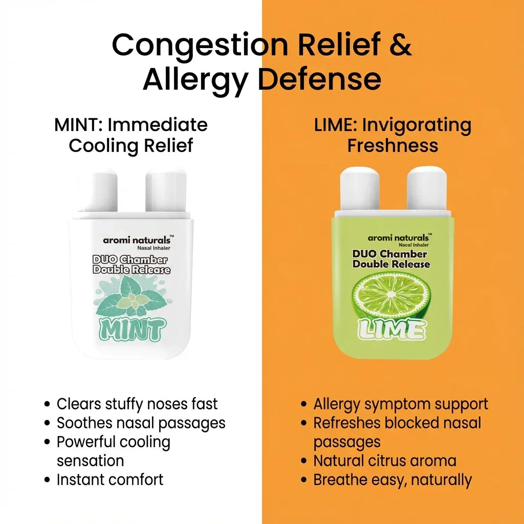 Aromi Naturals Duo Chamber nasal inhalers with mint for cooling relief and lime for invigorating freshness