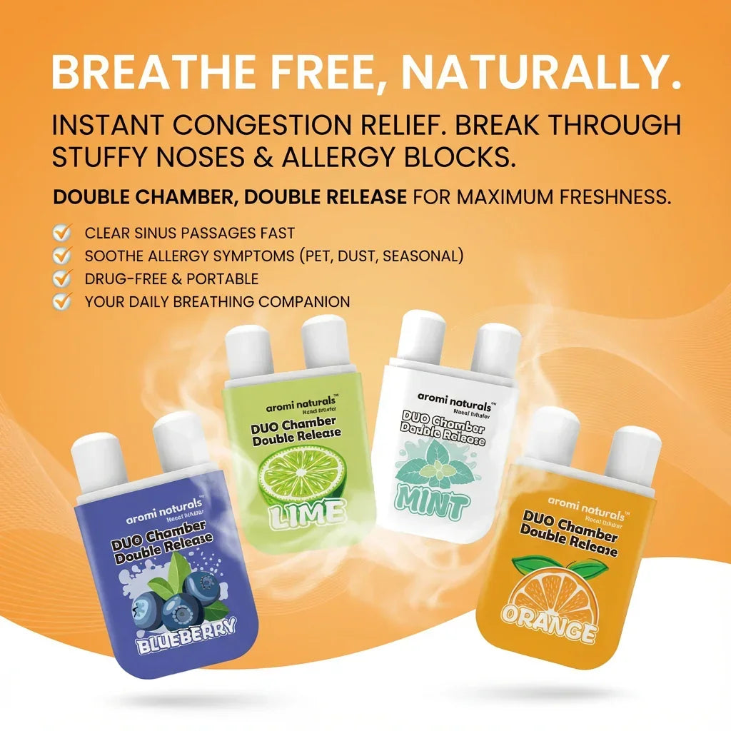 Aromi Naturals Duo Chamber Double Release nasal inhalers in blueberry, lime, mint, and orange flavors with congestion relief benefits