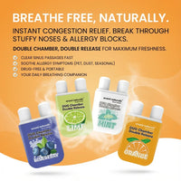 Aromi Naturals Duo Chamber Double Release nasal inhalers in blueberry, lime, mint, and orange flavors with congestion relief benefits