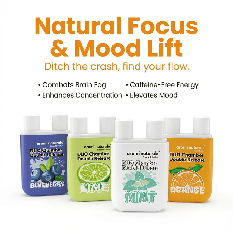 Aromi Naturals duo chamber nasal inhalers in blueberry, lime, mint, and orange flavors for natural focus and mood lift