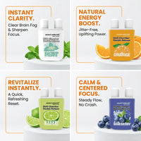 Aromi Naturals Duo Chamber Nasal Inhalers in Mint, Orange, Lime, and Blueberry flavors with benefits and fruit visuals