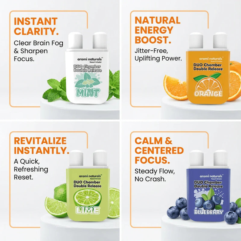 Aromi Naturals Duo Chamber Nasal Inhalers in Mint, Orange, Lime, and Blueberry flavors with benefits and fruit visuals