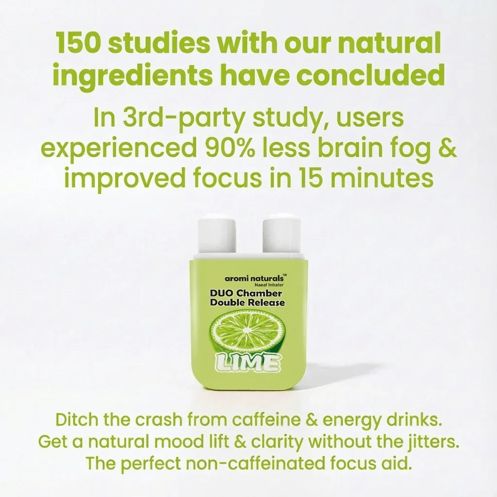 Aromi Naturals Duo Chamber Double Release lime nasal inhaler with text about natural ingredients reducing brain fog and improving focus