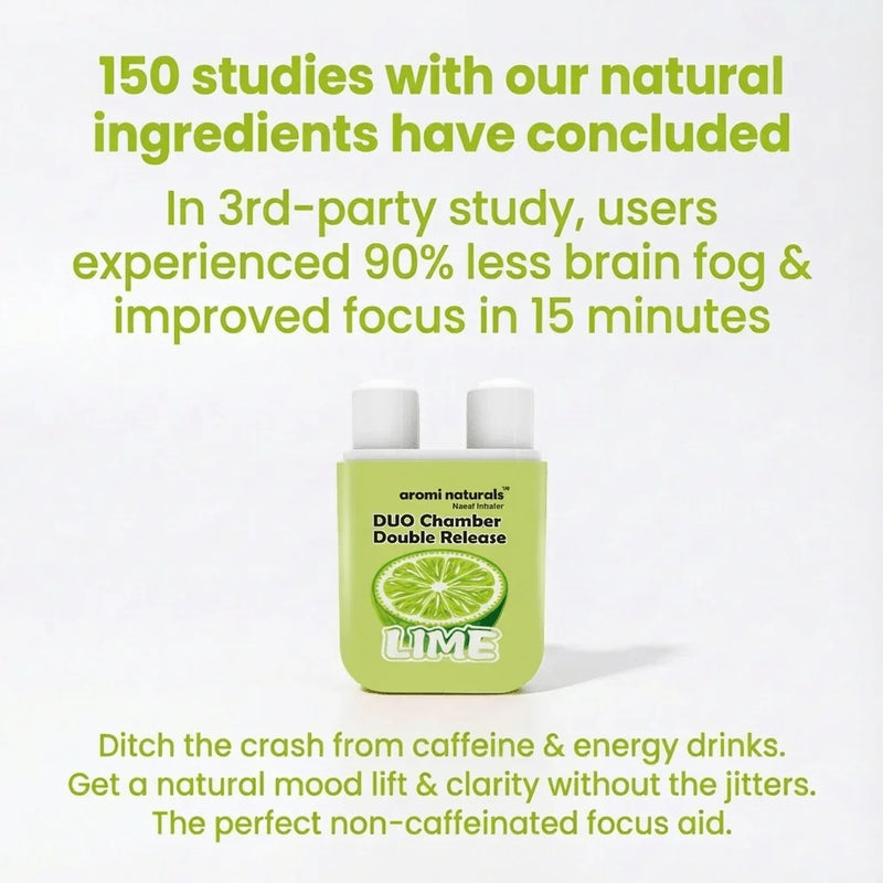 Aromi Naturals Duo Chamber Double Release lime nasal inhaler with text about natural ingredients reducing brain fog and improving focus