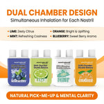 Aromi Naturals duo chamber nasal inhalers in blueberry, lime, mint, and orange flavors for natural mental clarity