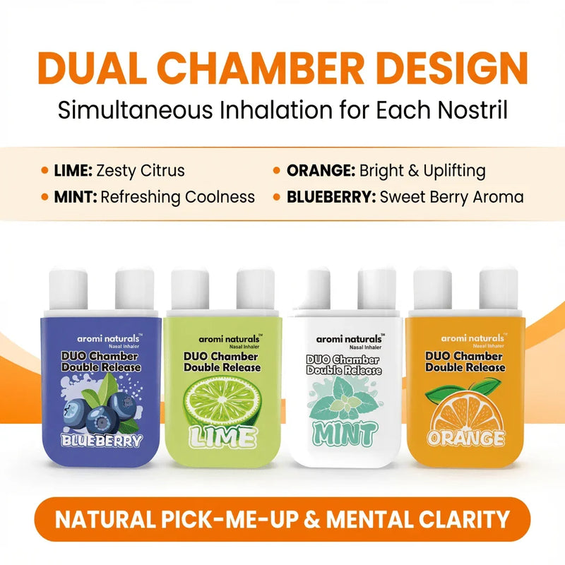 Aromi Naturals duo chamber nasal inhalers in blueberry, lime, mint, and orange flavors for natural mental clarity