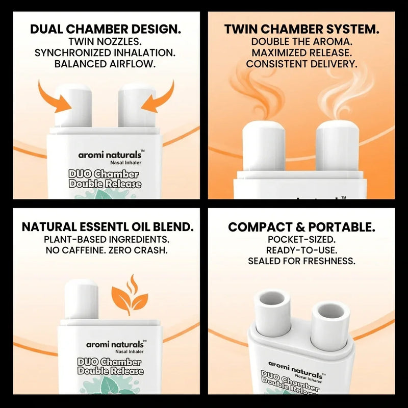 Aromi Naturals Duo Chamber Nasal Inhaler with dual nozzles, natural essential oils, compact and portable design