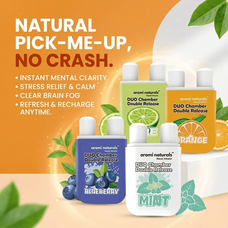 aromi naturals duo chamber nasal inhalers in blueberry, mint, lime, and orange flavors with natural energy boost claims