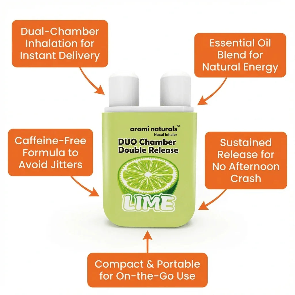 Aromi Naturals Duo Chamber Lime Nasal Inhaler with dual-chamber design, caffeine-free formula, essential oil blend, and compact portable size