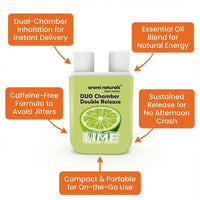 Aromi Naturals Duo Chamber Lime Nasal Inhaler with dual-chamber design, caffeine-free formula, essential oil blend, and compact portable size