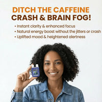 Woman holding blueberry Duo Chamber Nasal Inhaler with text about caffeine crash relief