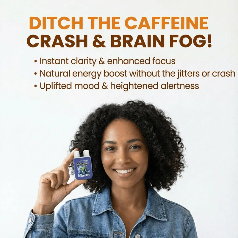Woman holding blueberry Duo Chamber Nasal Inhaler with text about caffeine crash relief