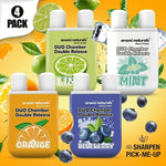 Aromi Naturals Duo Chamber Nasal Inhaler 4-pack in lime, mint, orange, and blueberry scents with fruit and mint background
