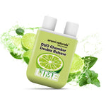 Aromi Naturals Duo Chamber Double Release Lime nasal inhaler with lime slices and mint leaves splash background
