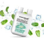 Aromi Naturals mint duo chamber nasal inhaler with mint leaves, ice cubes, and water splash