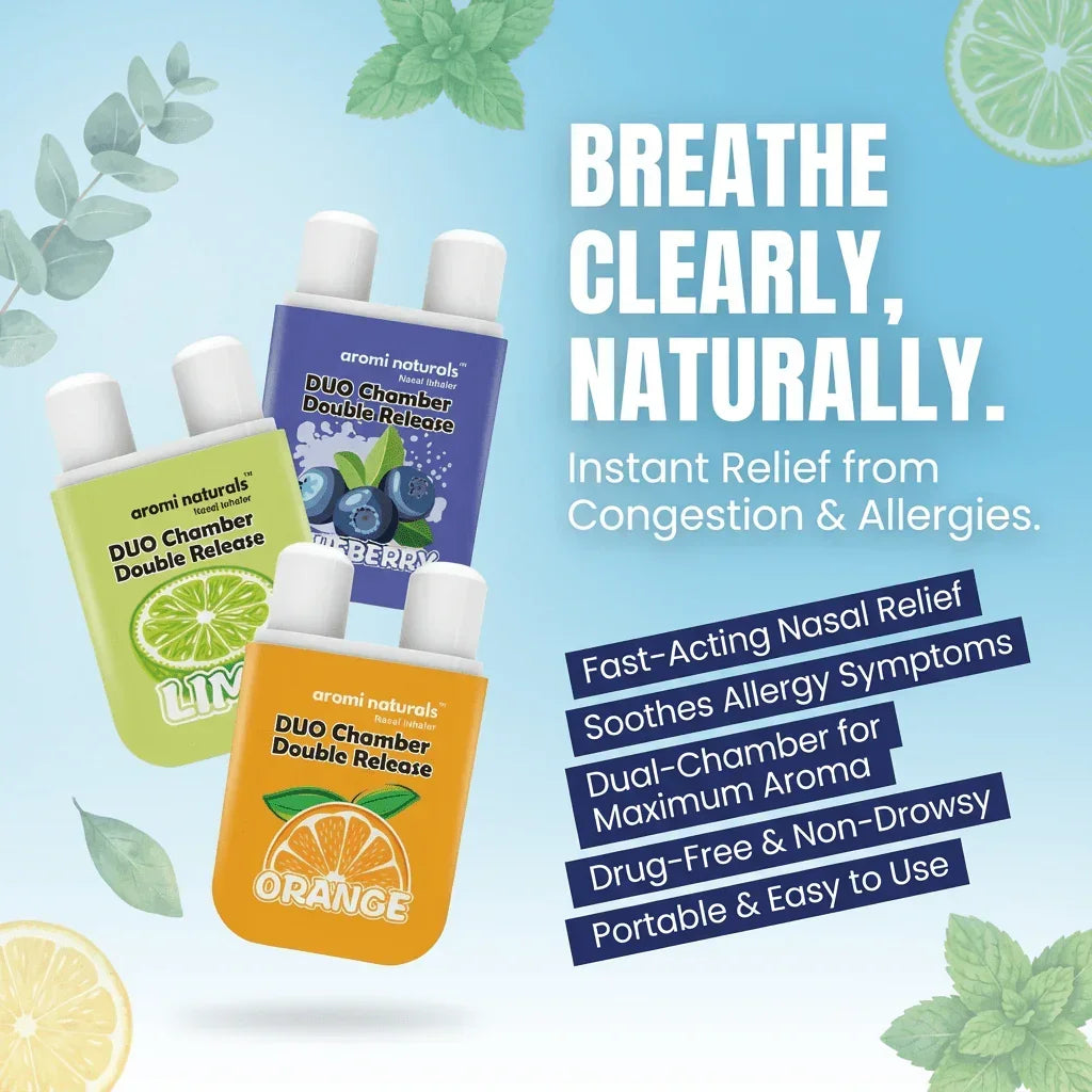 Aromi Naturals Duo Chamber Double Release nasal inhalers in lime, blueberry, and orange flavors for natural congestion and allergy relief