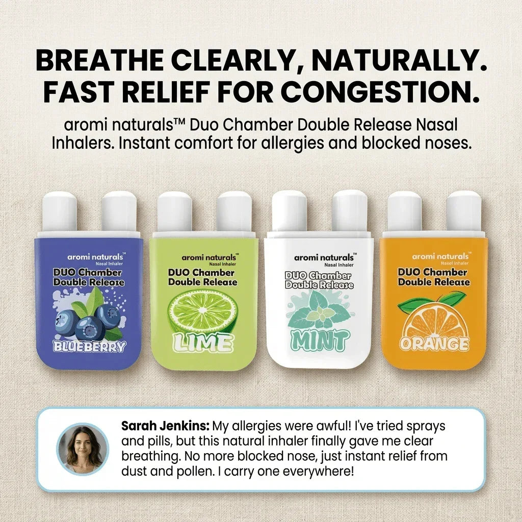 Aromi Naturals Duo Chamber Double Release nasal inhalers in blueberry, lime, mint, and orange flavors for natural congestion relief
