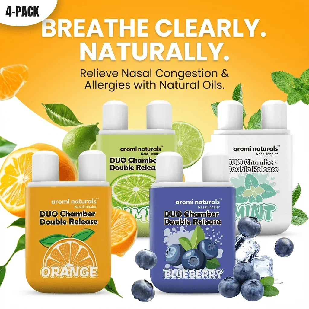 Aromi Naturals 4-pack nasal inhalers in Orange, Lime, Blueberry, and Mint flavors for natural congestion relief