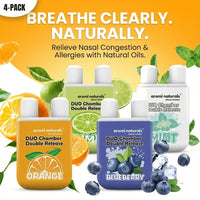 Aromi Naturals 4-pack nasal inhalers in Orange, Lime, Blueberry, and Mint flavors for natural congestion relief