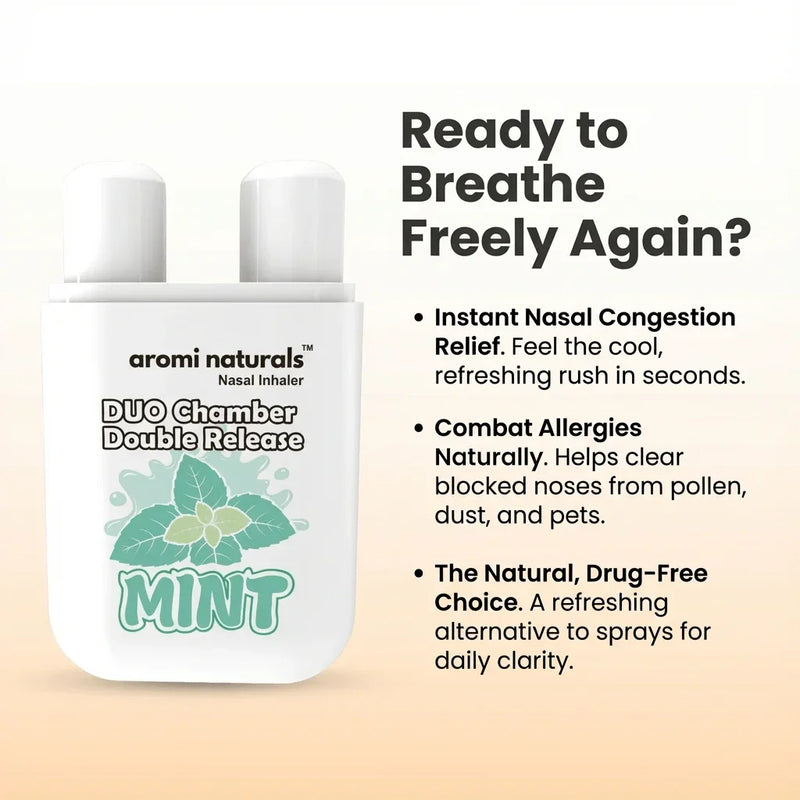 Aromi Naturals Mint Duo Chamber Nasal Inhaler for instant nasal congestion relief and allergy combat, drug-free