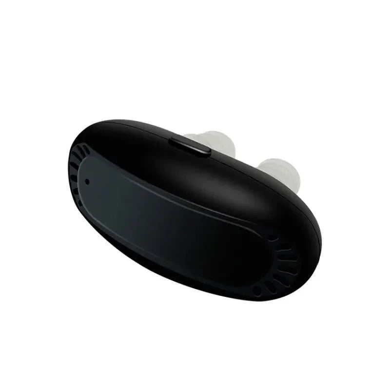 Black intelligent infrared nasal relief device with white nasal inserts on white background