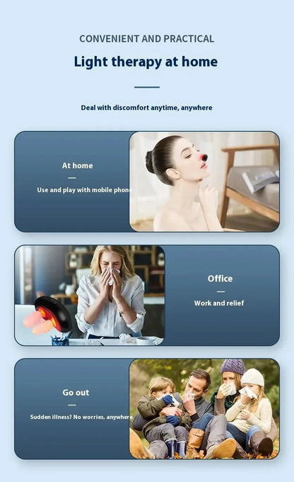 Nasal light therapy device used at home, office, and outdoors for relief from nasal discomfort