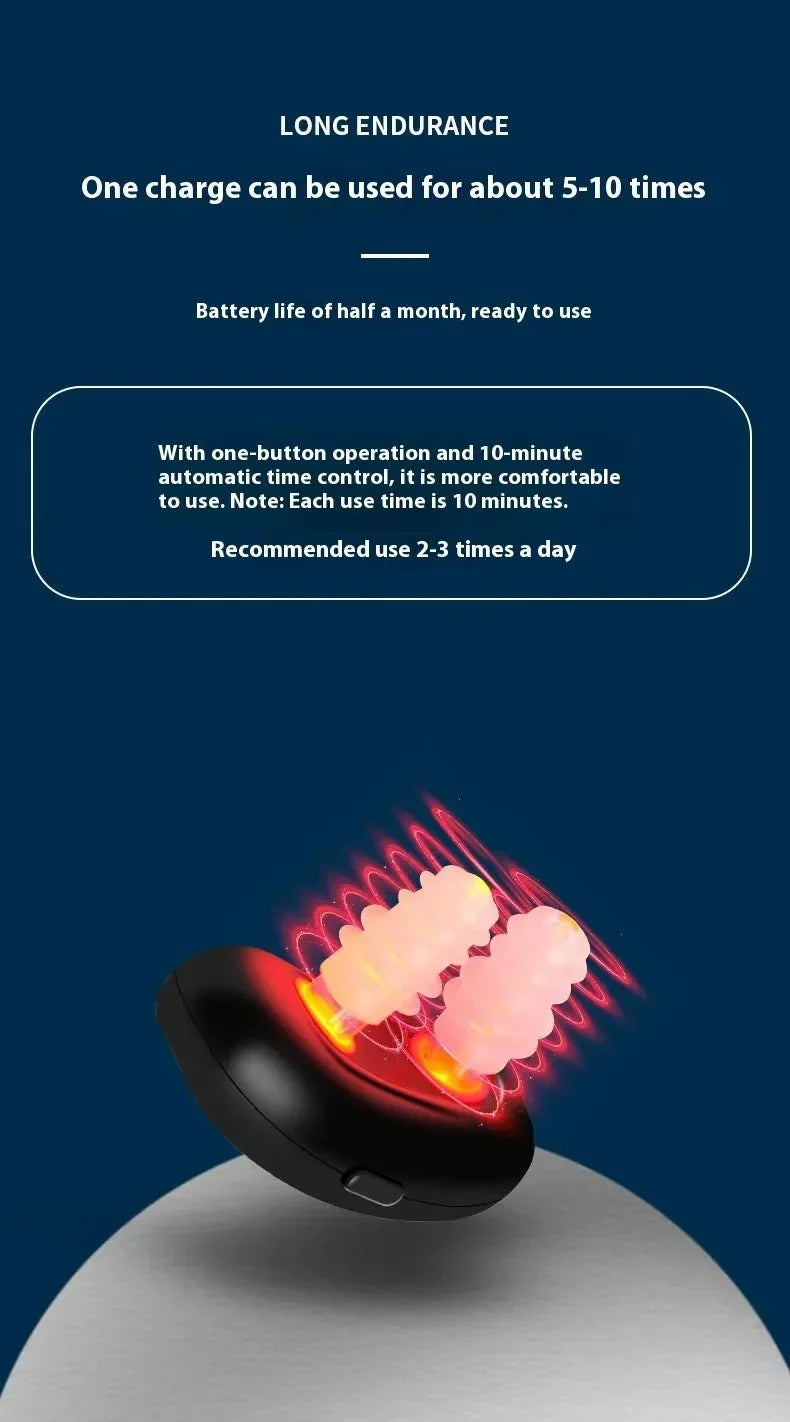 black intelligent infrared nasal relief device with glowing red lights and silicone tips on blue background