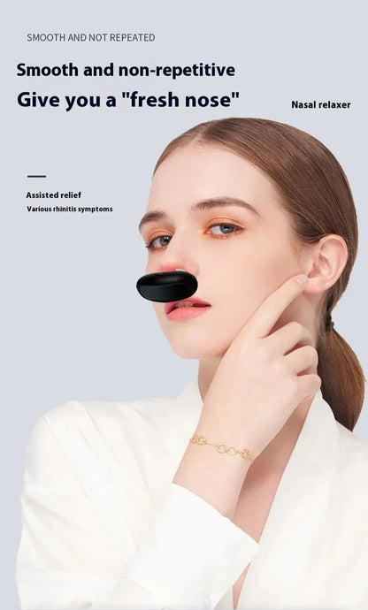 Woman wearing a black intelligent infrared nasal relief device for rhinitis symptom relief