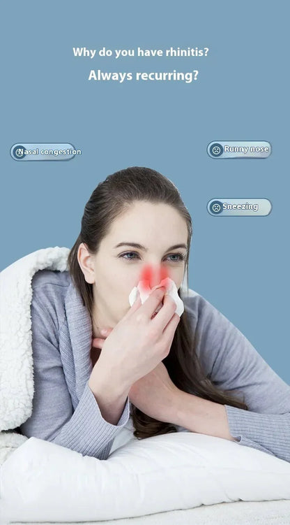 Woman with red nose area holding tissue, showing symptoms of rhinitis like nasal congestion, runny nose, and sneezing