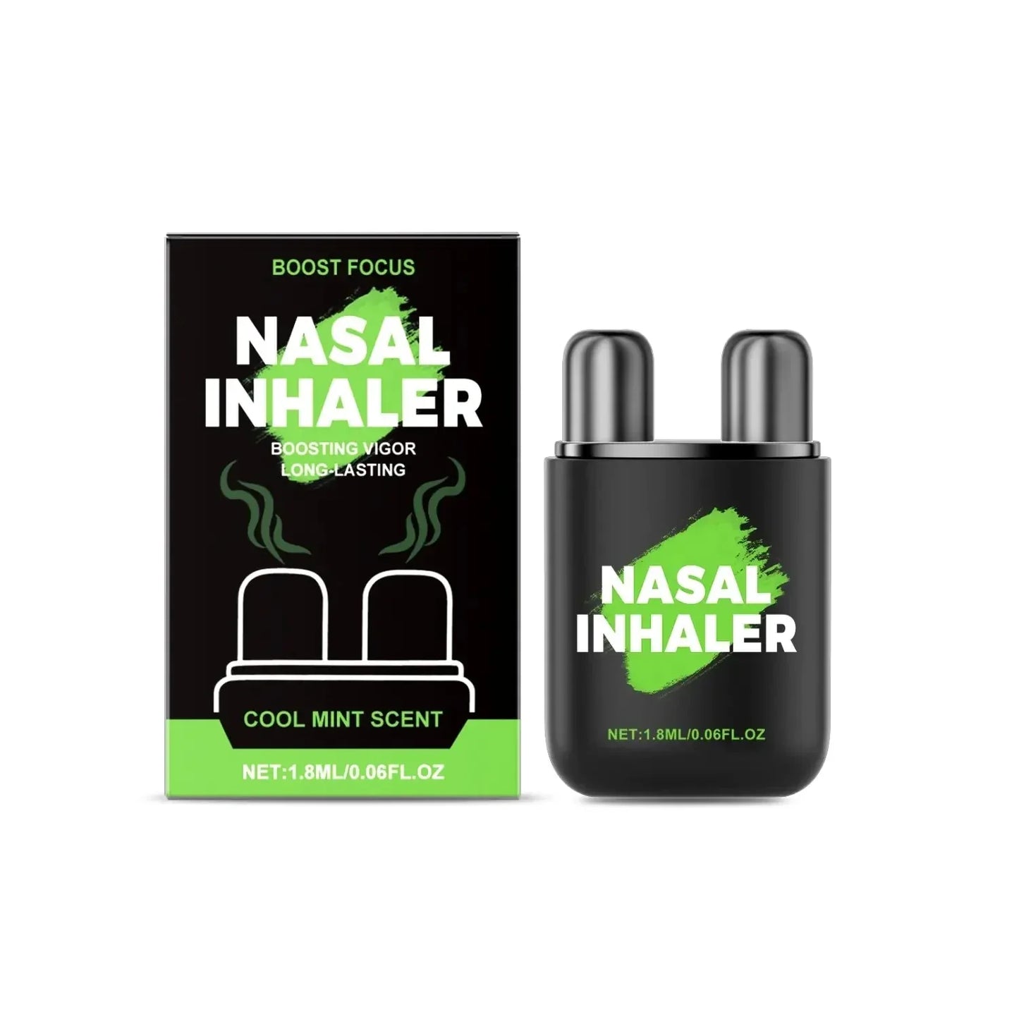 Black nasal inhaler with cool mint scent box, boosts focus and vigor, 1.8ml size